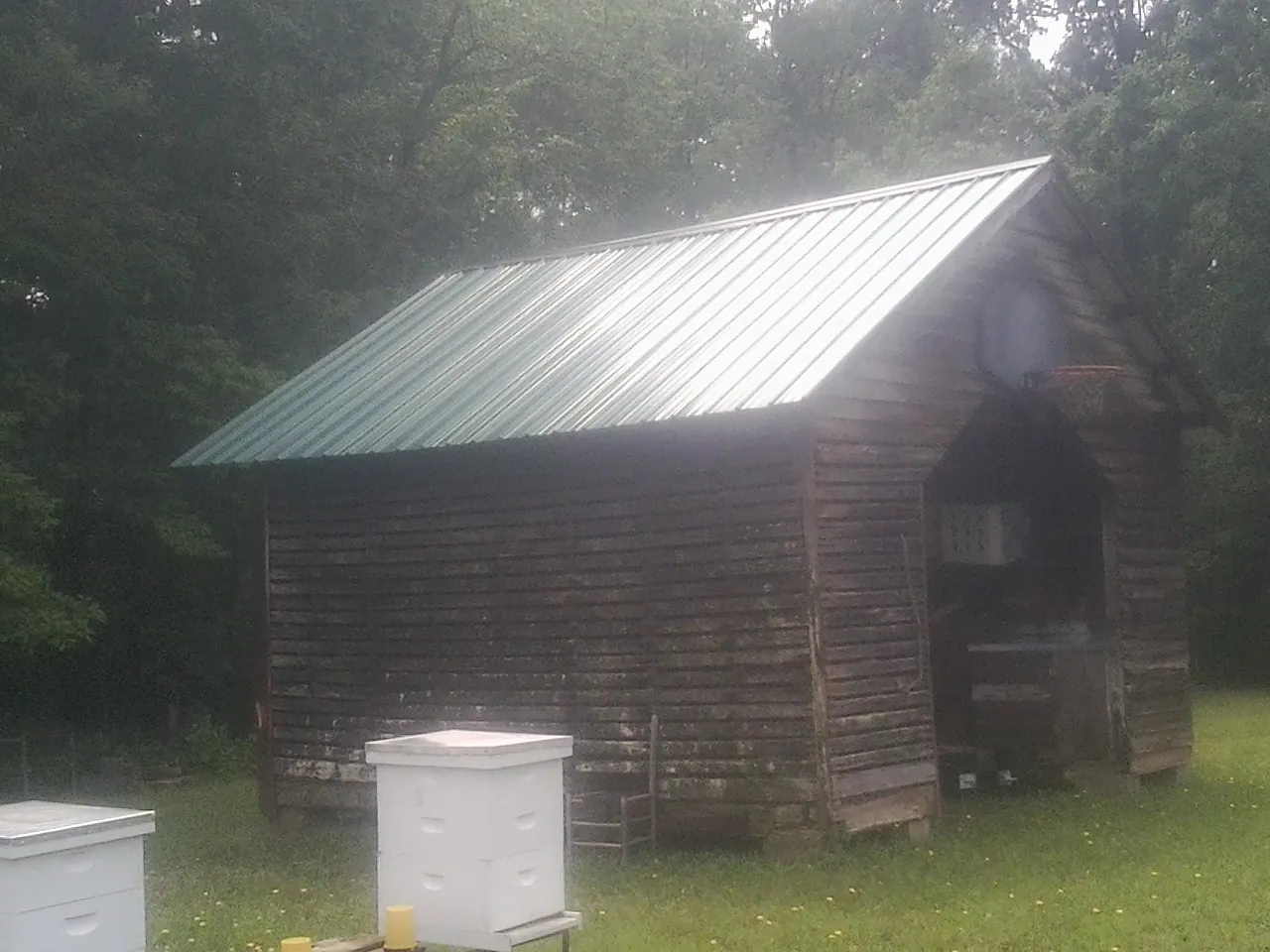 Green metal roof on a weathered barn beside stacked beehives in Princeton